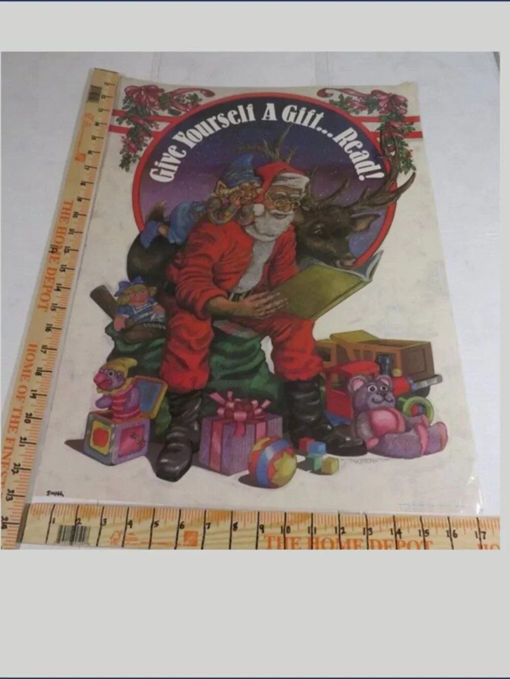 Vintage 1986 Christmas Poster Give Yourself A Gift READ Black Santa Laminated